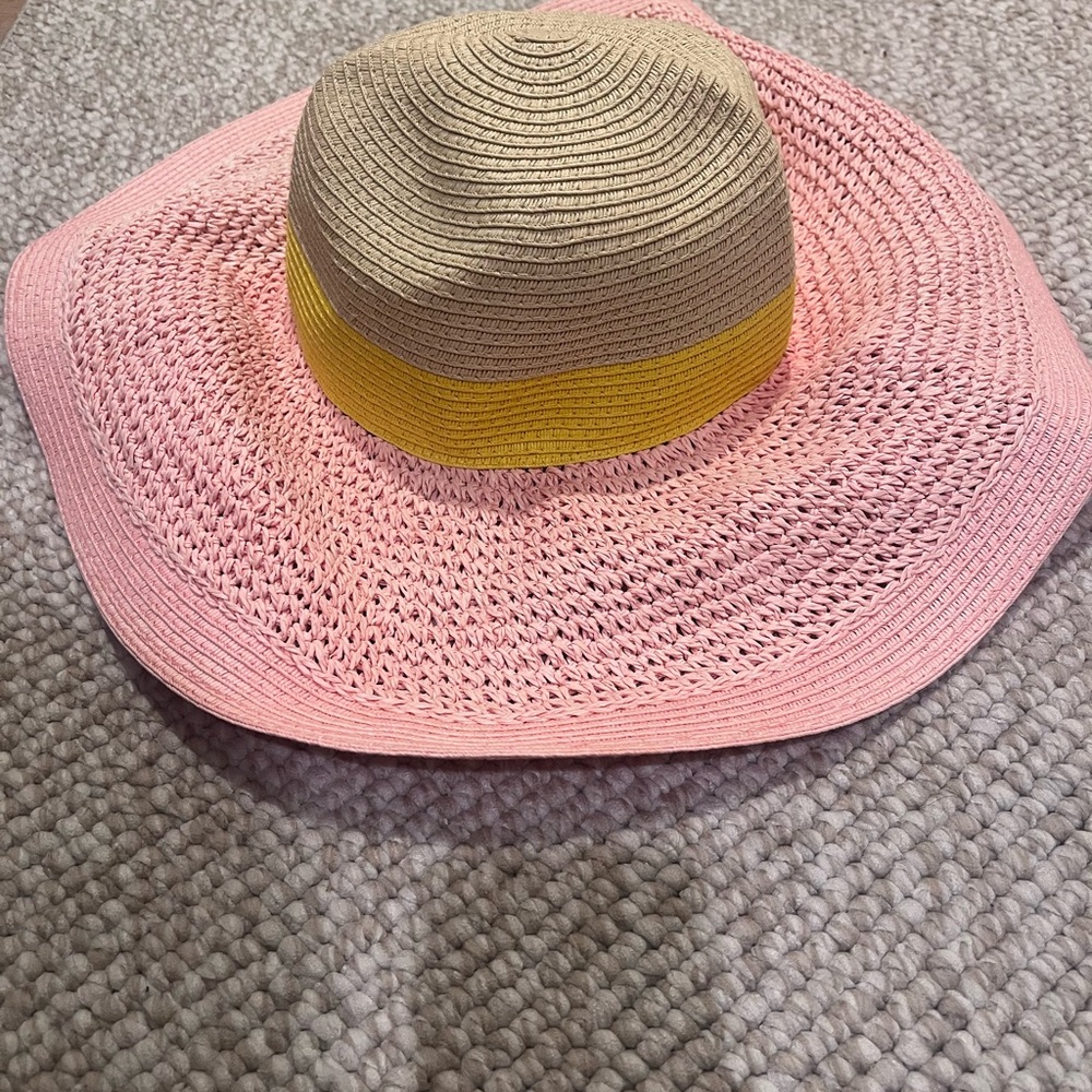 J. Crew Pink and Tan Hat with Yellow Band